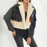 2021 winter patchowrk lambswool denim jacket women lapel long sleeve thicken parkas female casual streetwear