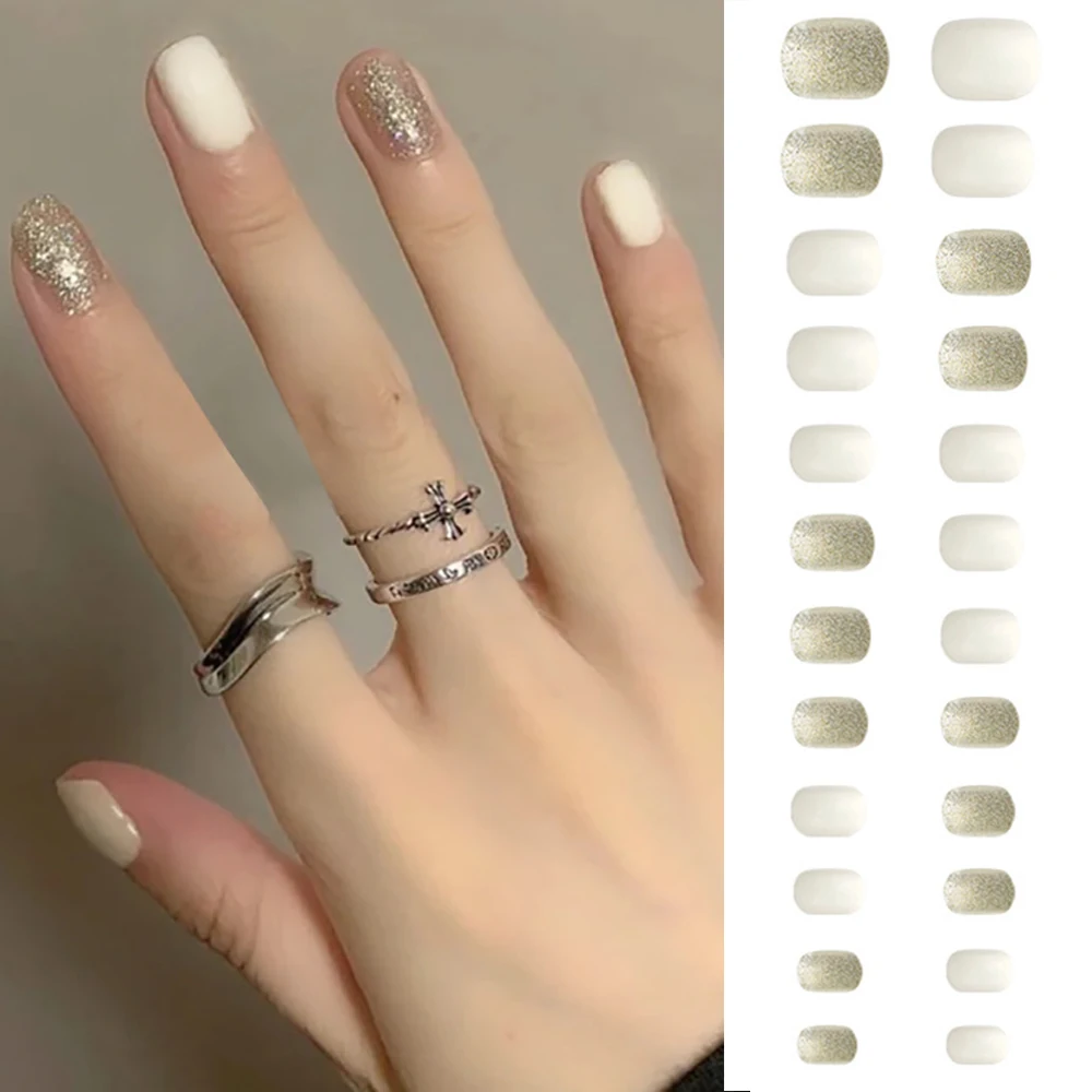 

24Pcs/Box Full Cover Detachable Short False Nails Glitter Fake Nails with Jelly Glue Ballerina Sweet Style Manicure Art