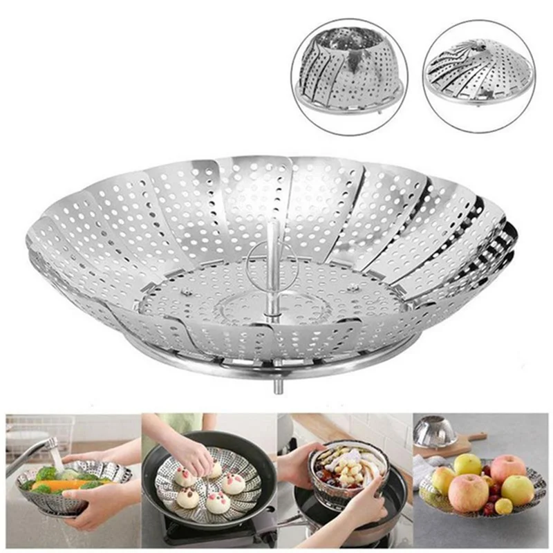 Stainless Steel Multifunction Changeable Retractable Folding Steaming Vegetable Fruit Basket Magic Tray Rack Kitchen Accessories 