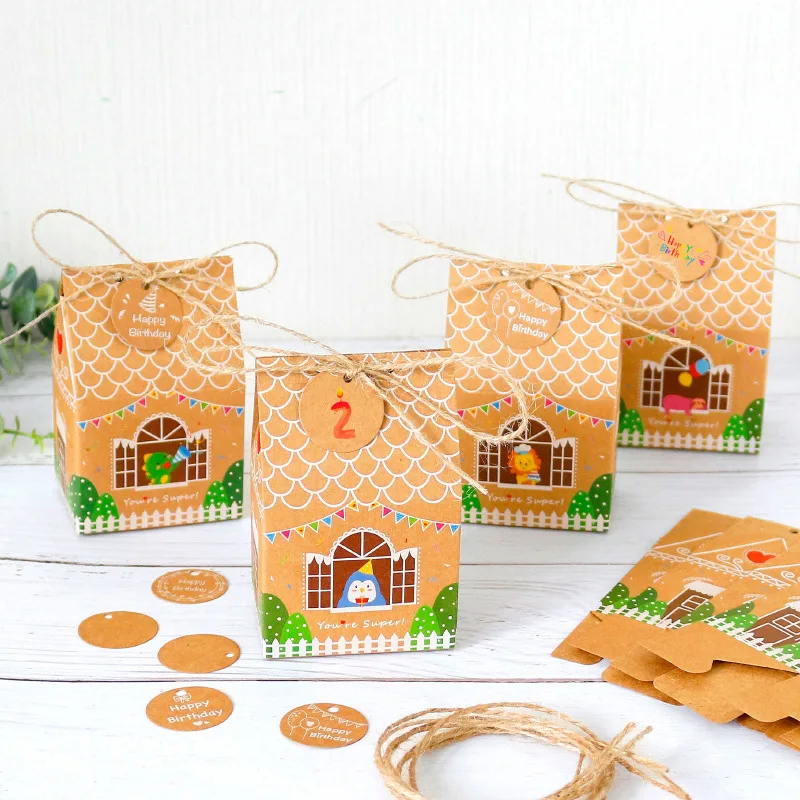 

24 набора, Подарочная коробка для рождественского дома, упаковочные пакеты из крафт-бумаги для печенья и конфет с веревками, подвески для рож...