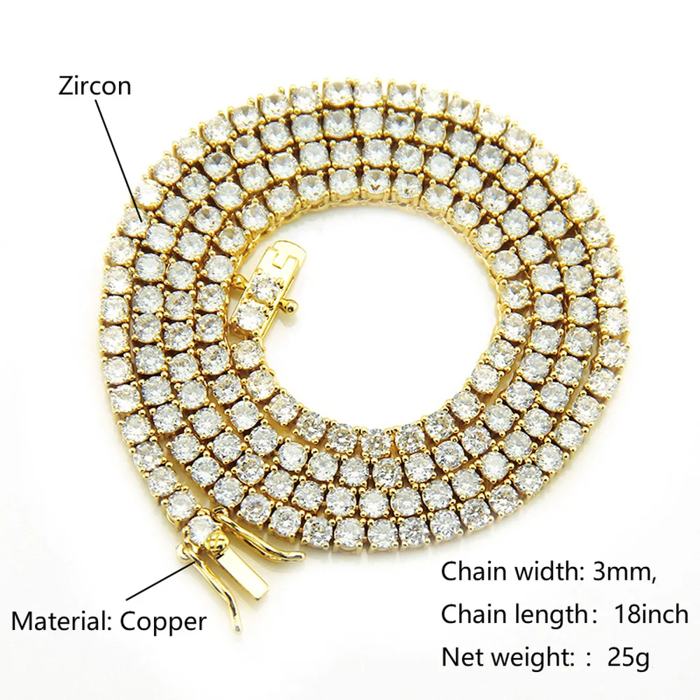

Men's European and American Hip Hop Micro Inlaid Zircon Single Row Necklace 3/4/5mm Width Silver/Gold Hip Hop Jewelry Necklace