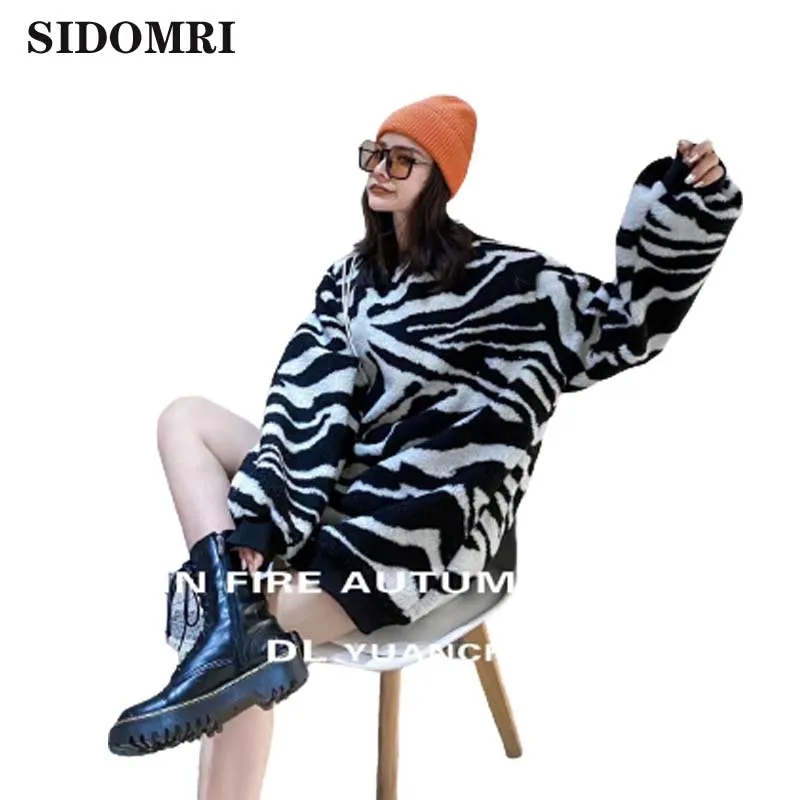 

Stripes Print Loose Sweaters Women Winter Hip-Pop Oversized Long Pullovers Streetwear Outerwear zibra color high quality