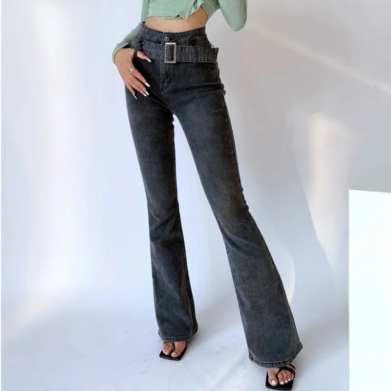 

WOMENGAGA Spice Girls show leg long belt jeans women high waist skinny hip hot sexy korean fashion Flare Pants Denim G3LC
