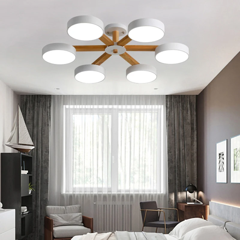 

Nordic simple dimming wooden stand & disc lampshade 220 V ceiling chandelier kitchen bedroom living room dining room hotel room