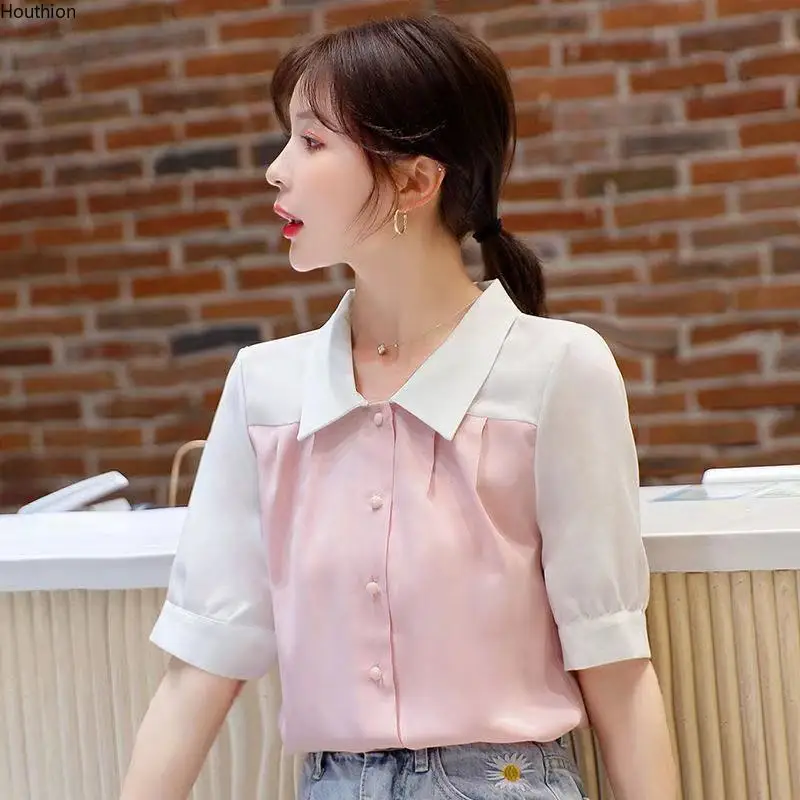 

Женская шифоновая блузка с коротким рукавом, на пуговицах