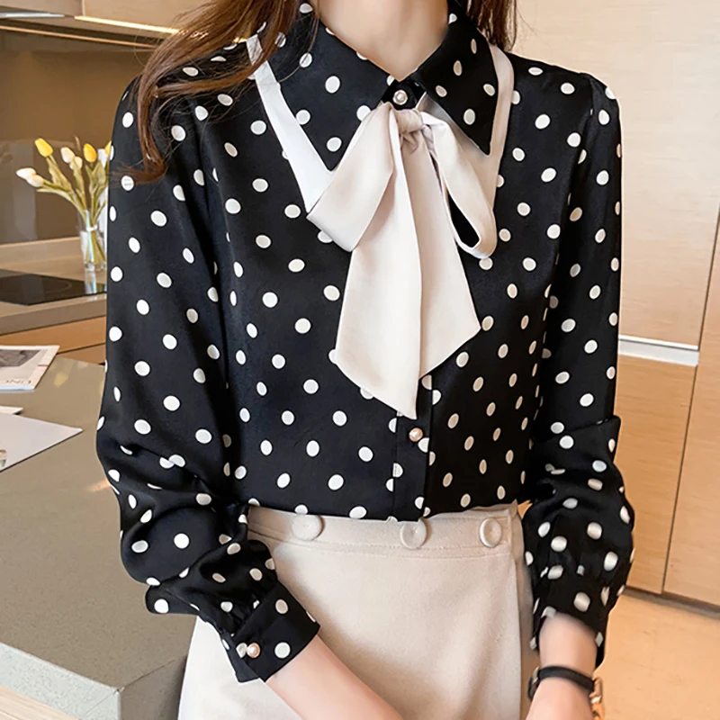 

Vintage Shirt Long Sleeve Women Blouses Femme Fall 2021 Korean Fashion Bow Polka Dot Chiffon Blouse Ladies Tops Blusas Y Camisas
