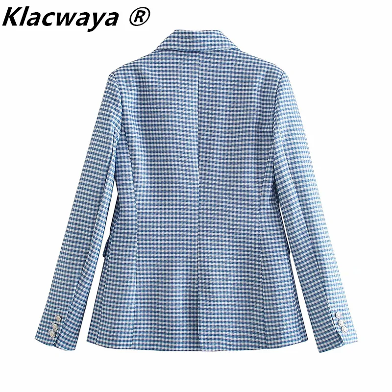 Klacwaya 2021 mujeres americana nueva de la tela escocesa de la impresión doble-Breasted abrigo de manga larga Blazers de oficina para mujer traje Casual chaqueta de las mujeres