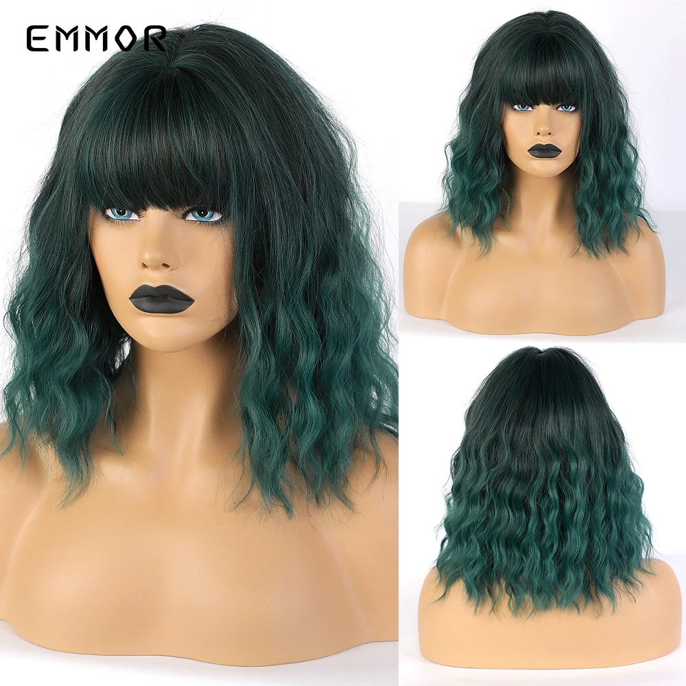 

EMMOR Short Pastel Wave Wig With Air Bangs Women's Short Bob Green Pink Blonde Wig Synthetic Party Cosplay Hair Wigs for Women