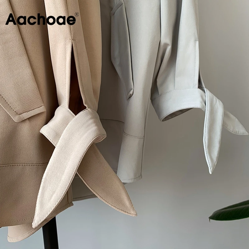 

Aachoae 2020 Women Solid Casual Trench Bow Tie Batwing Sleeve Pockets Coat Female Stand Collar Single Breasted Korean Outerwear