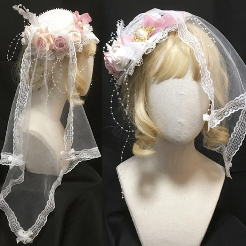 

Sweet Lolita Lace Top Hat with Mesh Veil Sweet Bow Rose Flower Bonnet Flat Cap