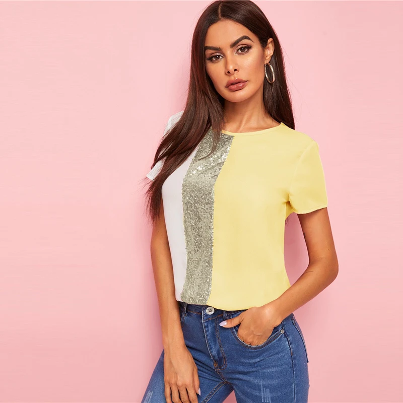 SHEIN модный топ с блестками и контрастной вставкой, Женские топы и блузки,, повседневные летние блузки с коротким рукавом и цветными блоками