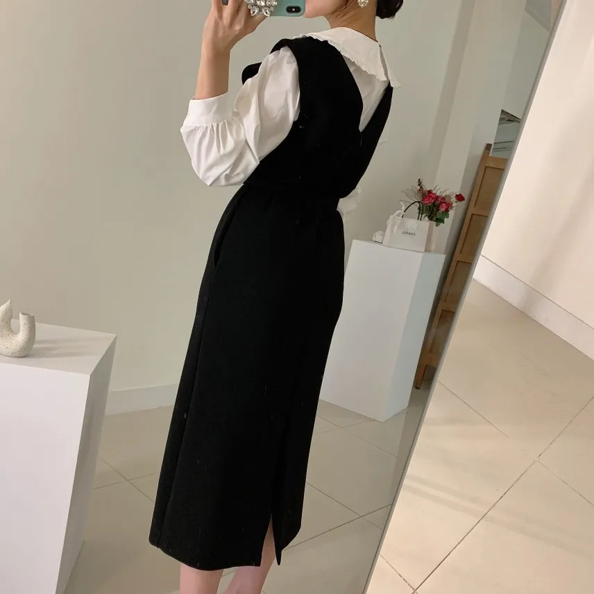

Korean Chic Sweet Age-Reducing Wooden Ear Doll Collar Long Sleeve Shirt + Simple Split Long Vest Skirt Suit