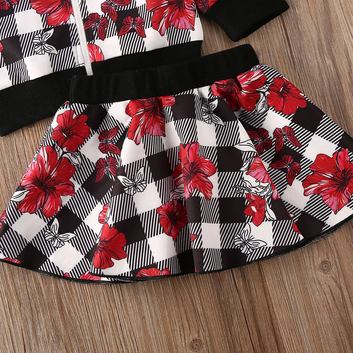 

Fashion Autumn Toddler Kids Baby Girls Floral Clothes Long Sleeve Zipped Coat Tops+A line Skirt 2PCS Outfits Set