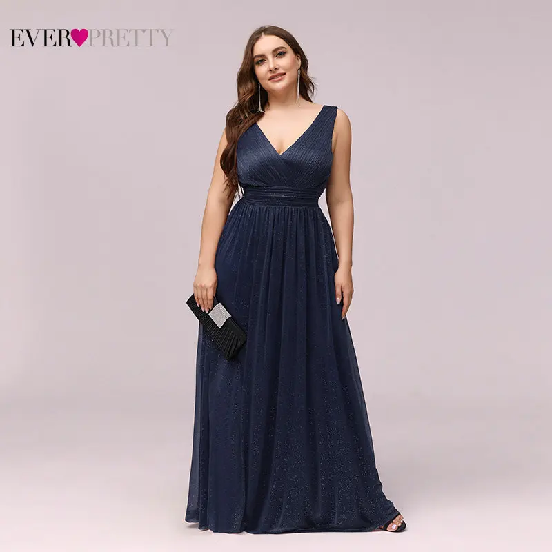 Вечерние платья размера плюс голубого цвета Ever Pretty Simple A Line с двойным v образным