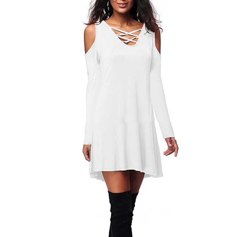 

Summer Dress Women Sexy Off Shoulder Long Sleeve Deep V Neck Loose Cross Mini Basic Solid Color Mini Dress