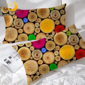 BlessLiving Tree Annual Ring Pillow Cases Set of 2 Nature Wood Pillowcases Soft Country Chic Pillow Cover Colorful Home Textiles 1