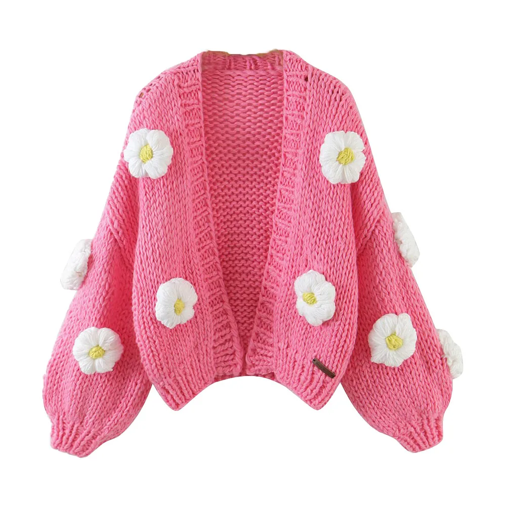 

Women 2021 New Fashion Multicolor Handwork Knitted Cardigan Sweater Vintage V-neck Puff Sleeve Female Outerwear Chic Tops