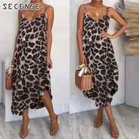 leopard print spaghetti strap dress v neck dot asymmetry midi dress summer sleeveless casual women clothing for ladies secense