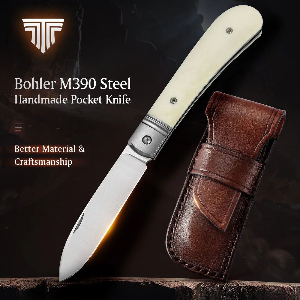 

TRIVISA EDC Pocket Barlow Knife,3in M390 Handmade Folding Knife ,Handle TC4 Titanium Alloy + Camel Bone Coating,With Sheath