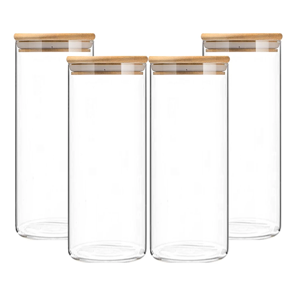 

4Pcs 950ML Wood Lid Glass Airtight Canister kitchen Glass Jars Wood Lid Glass Jar Candy Jar Storage Bottles Food Jar 4 PCS