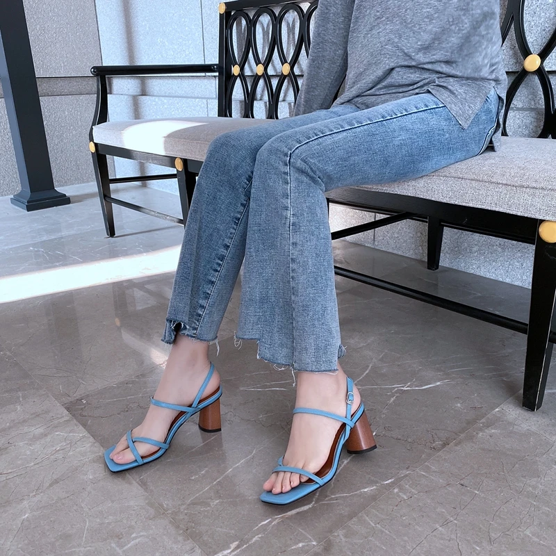 RIZABINA/женские модные сандалии обувь на толстом каблуке с металлической пряжкой