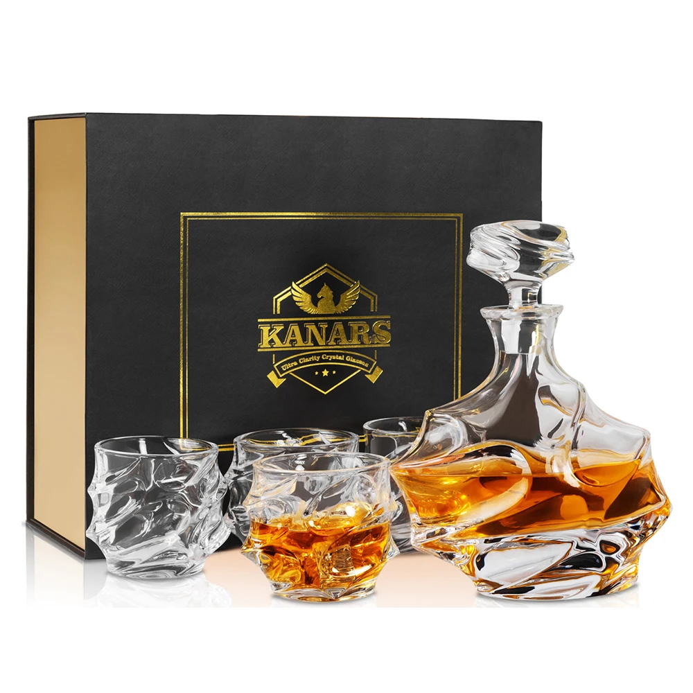 KANARS Whiskey Decanter Set with 4 Bourbon Glasses Large Liquor Vodka Bottle Carafe Gift for Men Birthday Housewarming