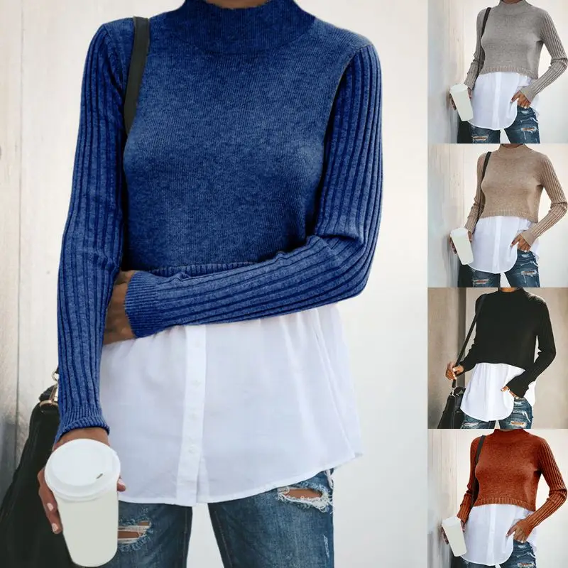 Женский Пуловер 2 в 1 стиле пэчворк топы ребристый вязаный свитер с длинным