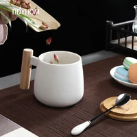 425ml nordic style wooden handle wooden lid with handle spoon ceramic coffee cup home office large capacity juice milk mug
