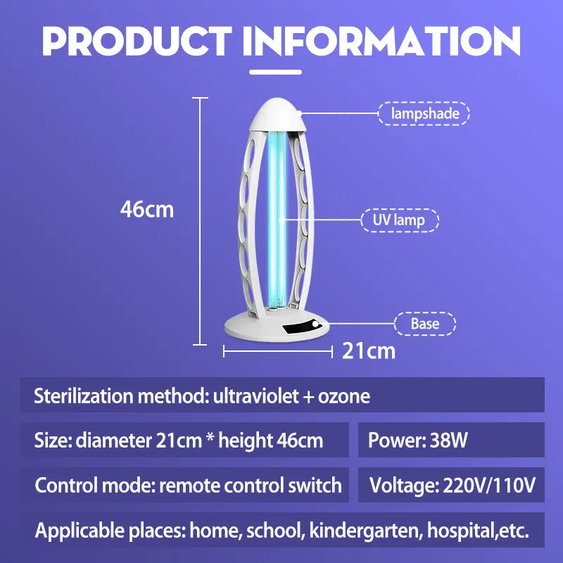 

38W UV Germicidal light Sterilizer LED UVC Ultraviolet Light Bulb Room Lamp Remote Control Timing Killing 99% Air Mite 110V/220V