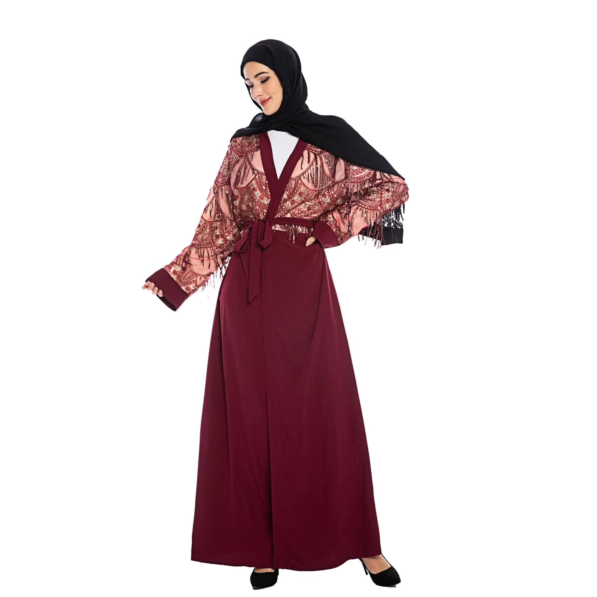 Женское длинное платье с блестками, длинное платье-кимоно с бахромой, в мусульманском стиле, Средний Восток