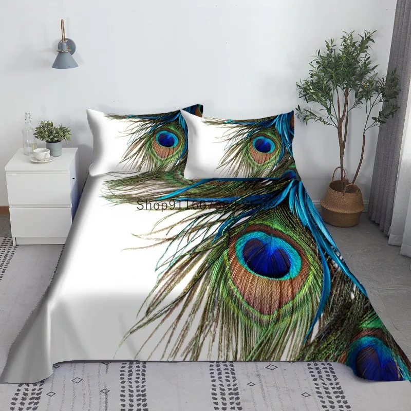 

Peacock Feathers Bed Sheet Set 3D Printed Polyester Bed Flat Sheet With Pillowcase Luxury Bed Linen For Children Adult