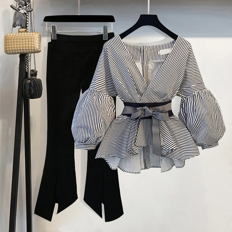 2019 хлопок женщин Блузка белый лук тонкий фонарь рукавами дизайн в полоску lady