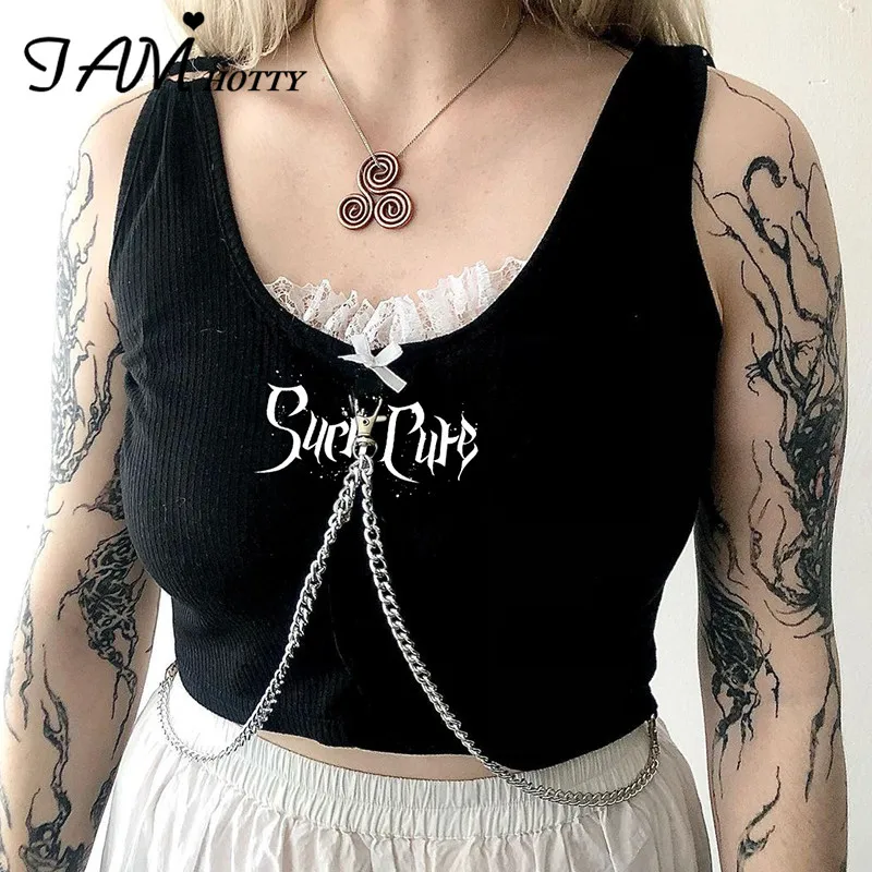

IAMHOTTY Metal Chains Patches Lace Tank Top Women Gothic Sleeveless Tee Black Dark Academia Clothes Vintage Corset Sexy Vest Hot