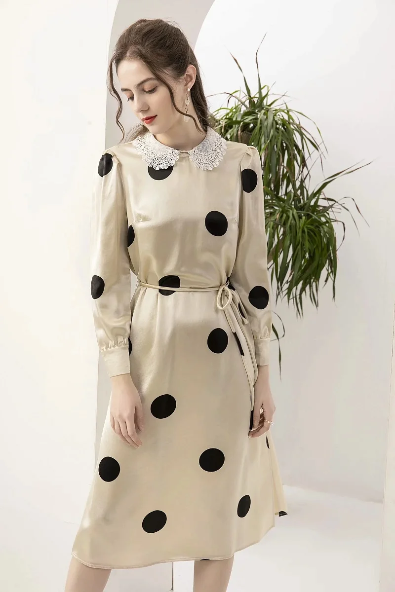 

Brand High Quality New Dress 2021 Spring Summer Women Lace Turn-down Collar Polka Dot Print String Belt Long Sleeve Dress Tunic