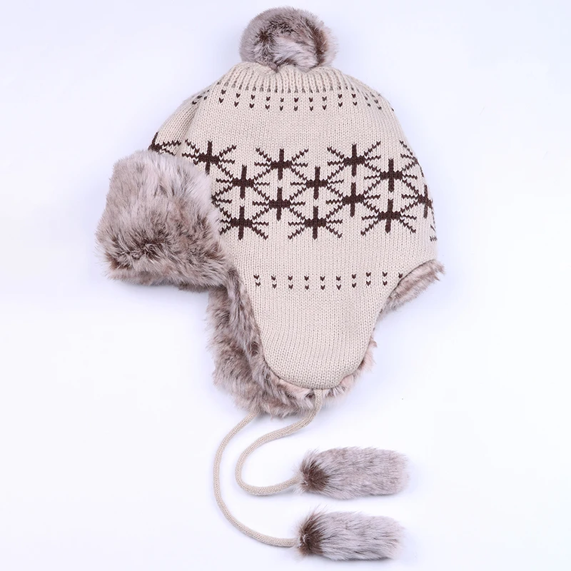 Шапка-бомбер женская зимняя русская ушанка шерстяная вязаная шапка с помпоном