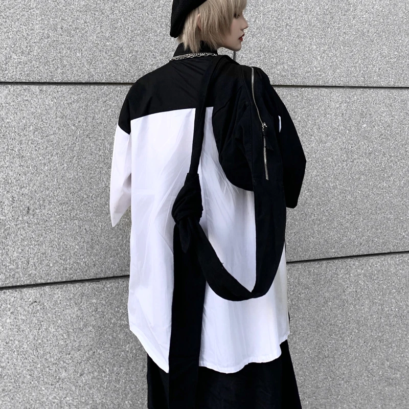 

Harajuku Black and White Shirt Female Summer Chiffon Shirt Vintage Stitching Shirt Loose Short Sleeve Blouse Women Man Shirt