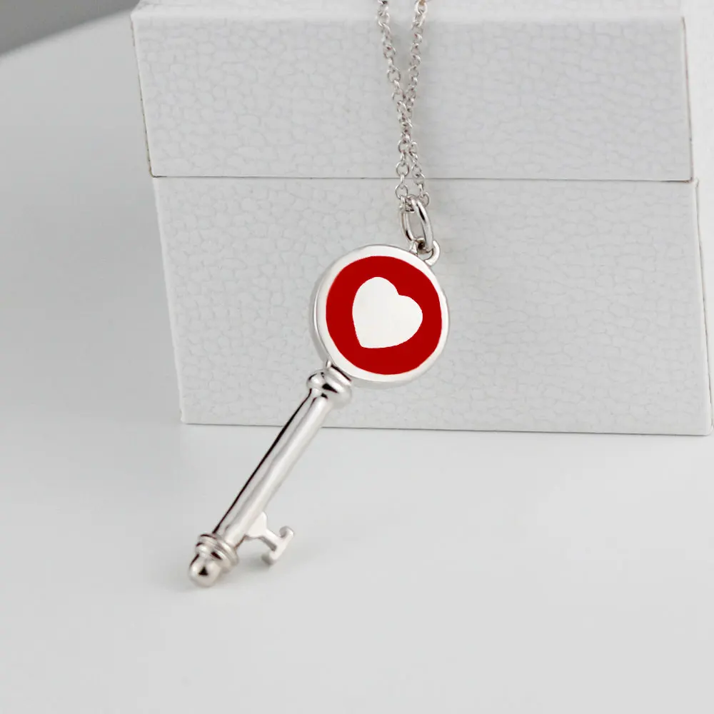

KT Real 925 Jewelry Luxury LOGO Necklaces1:1 High Quality Circle Enamel Red Heart Key Pendant Necklaces TIF Jewelry Woman