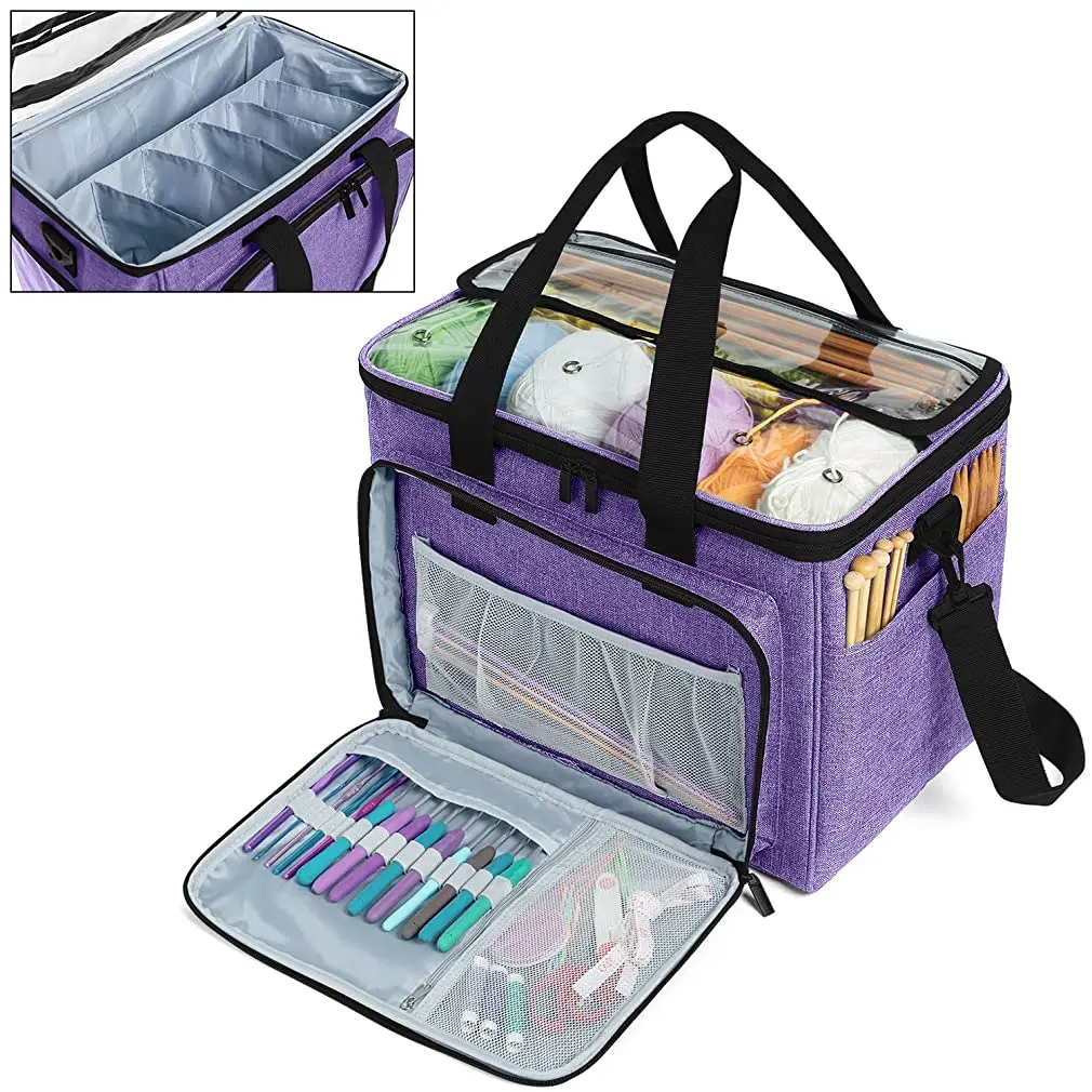 

Knitting Bag Yarn Portable Storage Tote With Inner Divider For Yarn Crochet Hooks Knitting Needles And Accessories Purple