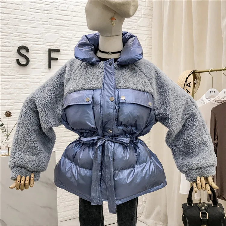 Mooirue Winter Casual Parkas Sherpa Fleece Patchwork Drawstring Lace Up Vintage Coats Harajuku Jackets Female white Coats