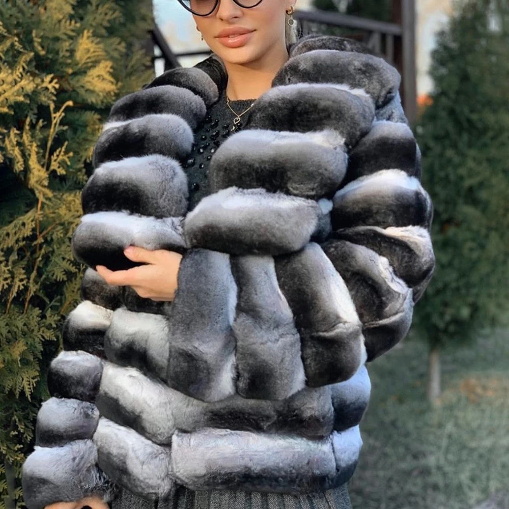 Winter Fashion Real Fur Coats for Women High Quality Chinchilla Color Genuine Rex Rabbit Fur Jacket with Big Turn-down Collar