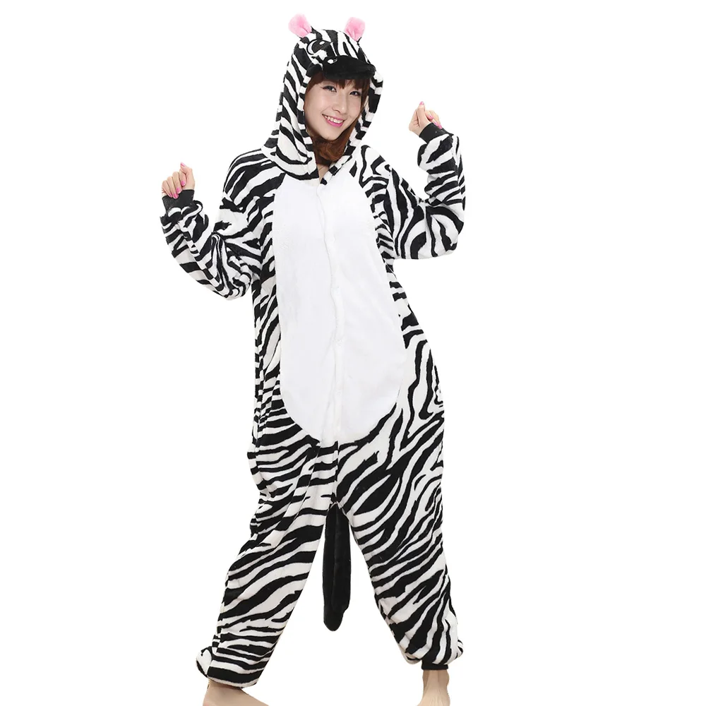 Zebra Kigurumis Women Onesie Animal Pajama Funny Adult Party Suit Flannel Loose Warm Sleepsuit Cartoon Jumpsuit Girl Outfit