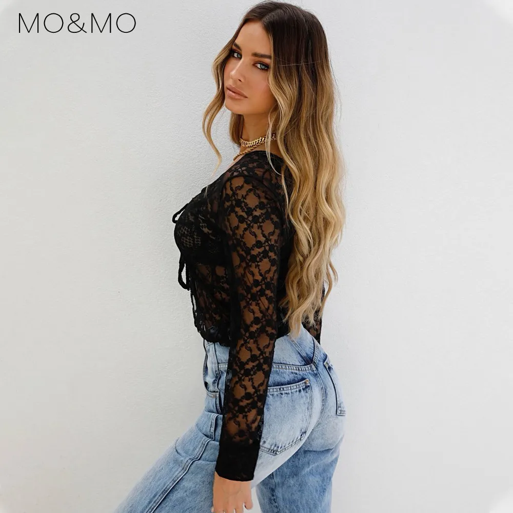 

MO&MO-2021 Summer New Women's V-neck Cardigan Tie with Tie and Lace Long Sleeve