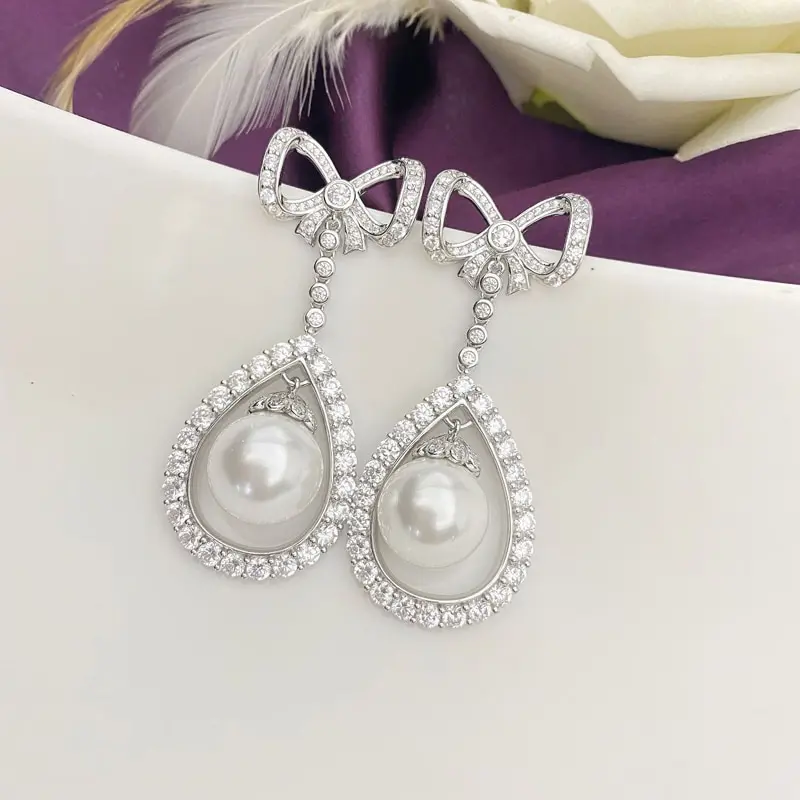 

Jazaz 925 Solid Sterling Silver Moissanite Real Freshwater Pearls Gemstone Drop Dangle Earrings Fine Jewelry Wholesale B1050
