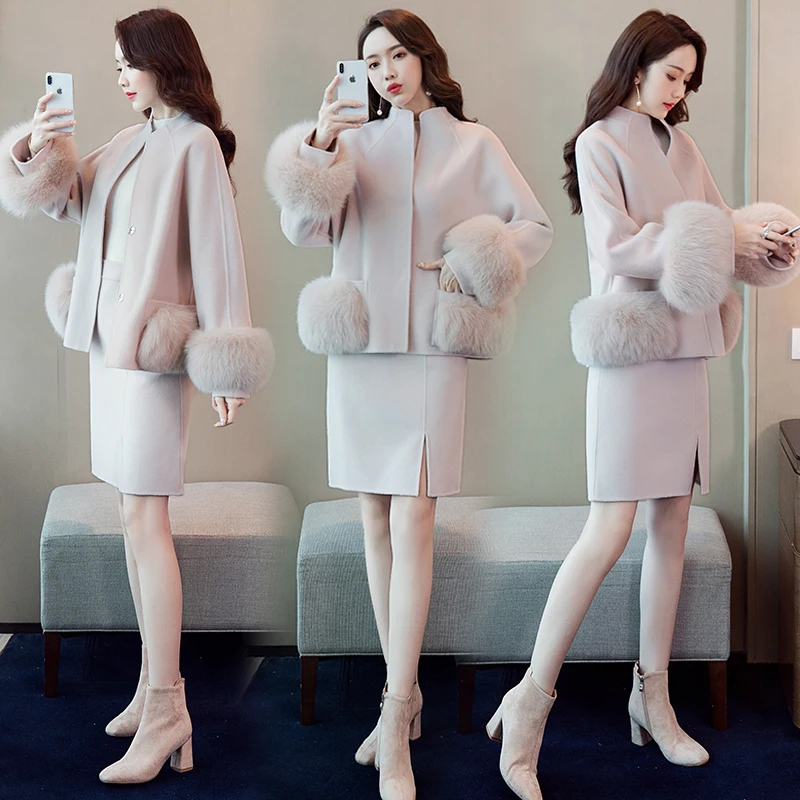 

Шерстяной короткий комплект из двух предметов для женщин, корейский женский костюм, офисный женский ансамбль Женский Две предмета, комплек...