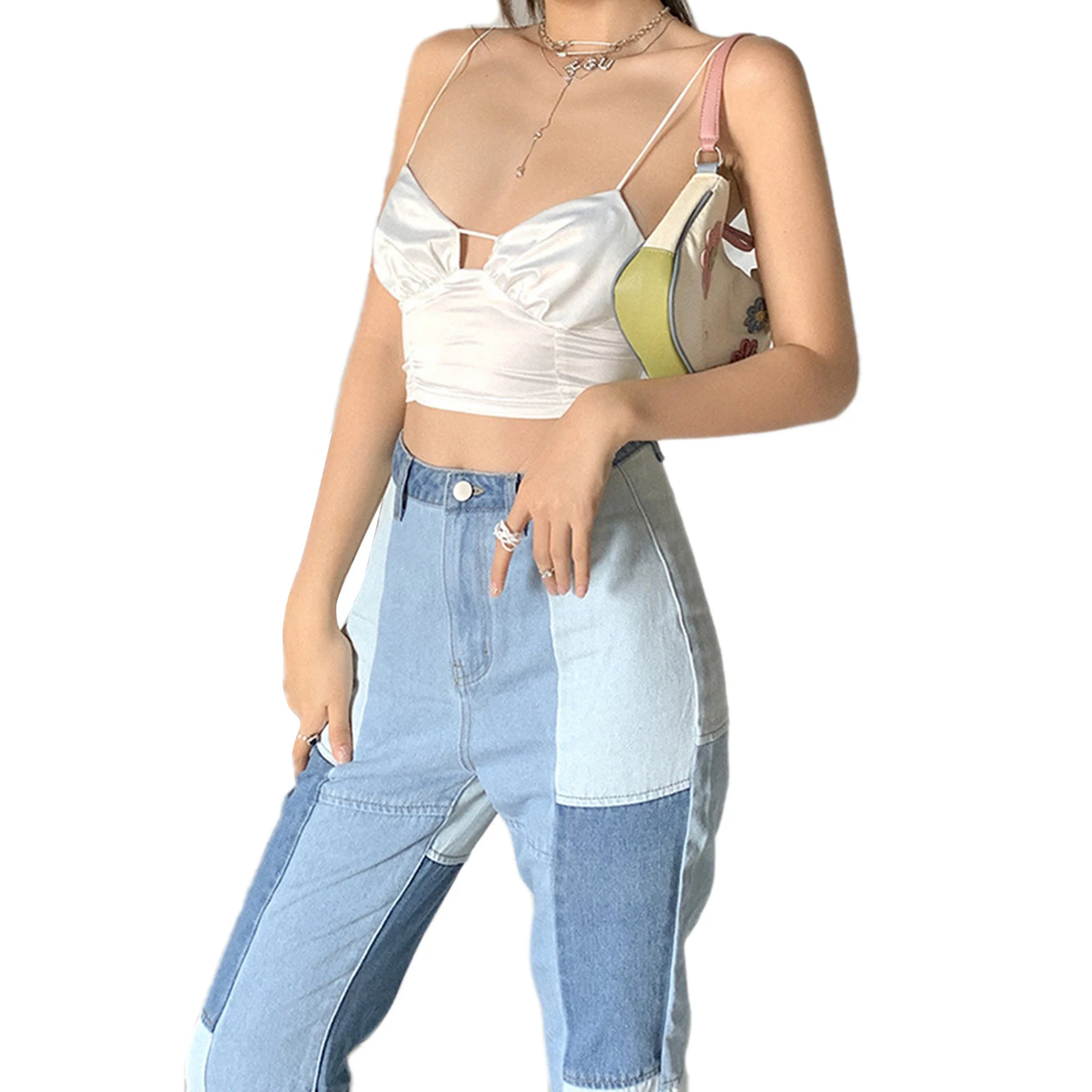 

Women's White Sexy Crop Cami Top Sleeveless Spaghetti Strap V Neck Cut Out Ruchd Camisole For Daily Wear 2021