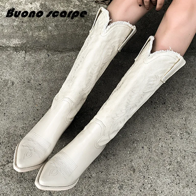 Buonoscarpe/женские ковбойские ботинки из натуральной кожи в западном стиле; зимние ковбойские ботинки с острым носком; цвет черный, белый; сапоги до колена; женская обувь; размеры 34-40