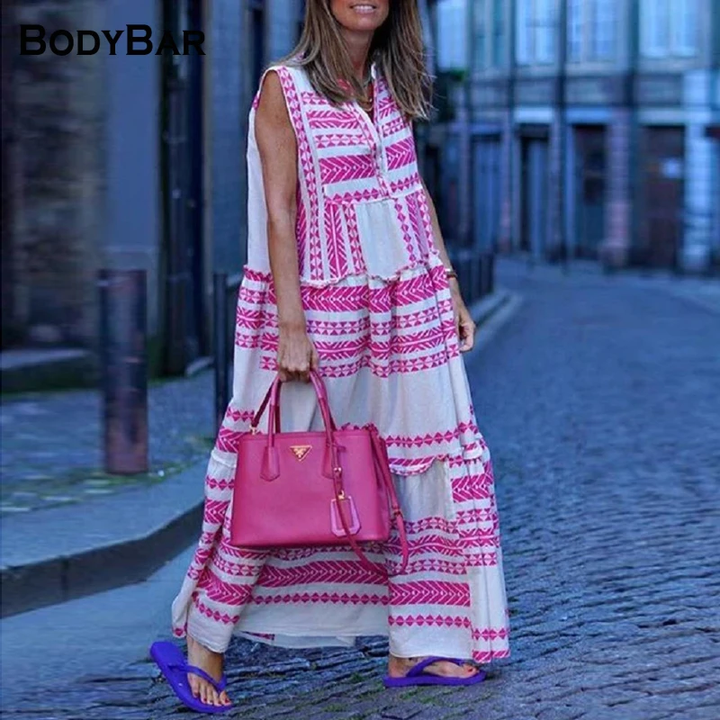 

Summer V-neck Sleeveless Dress Geometric Print Long Vestidos Female Loose Beach Dress Fashion Pleated Oversize Robe For Womans