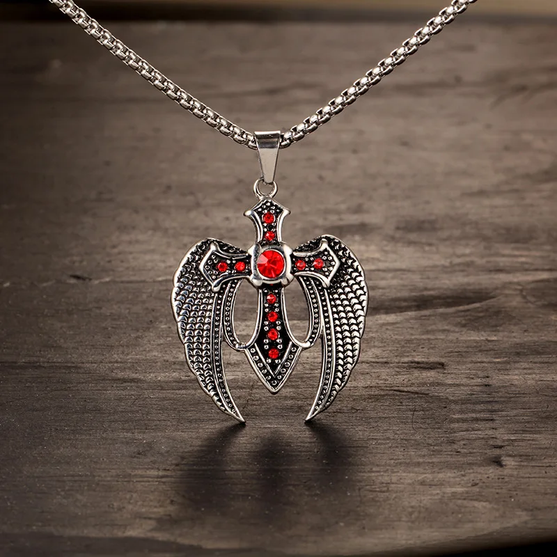 Нержавеющая сталь красный Стразы с ангельскими крыльями ожерелье-подвеска