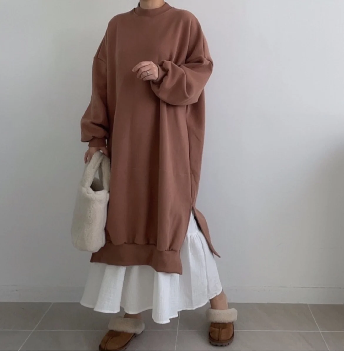 

SuperAen Solid Retro Fake Two Piece Patchwork Flounced Edge A-LINE Plush O Neck Sweatshirt Woman Dress