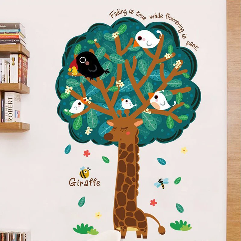 Creative Giraffe Tree Wall Stickers Cute Birds Kids Room Decoration Vinyl Removable Cartoon Mural Decals Self Adhesive Posters | Дом и сад